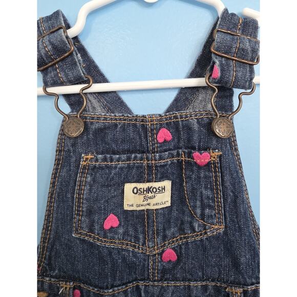 OshKosh B’Gosh Girls Denim Bib Overalls With Pink Hearts Size 12 Months - Picture 5 of 9